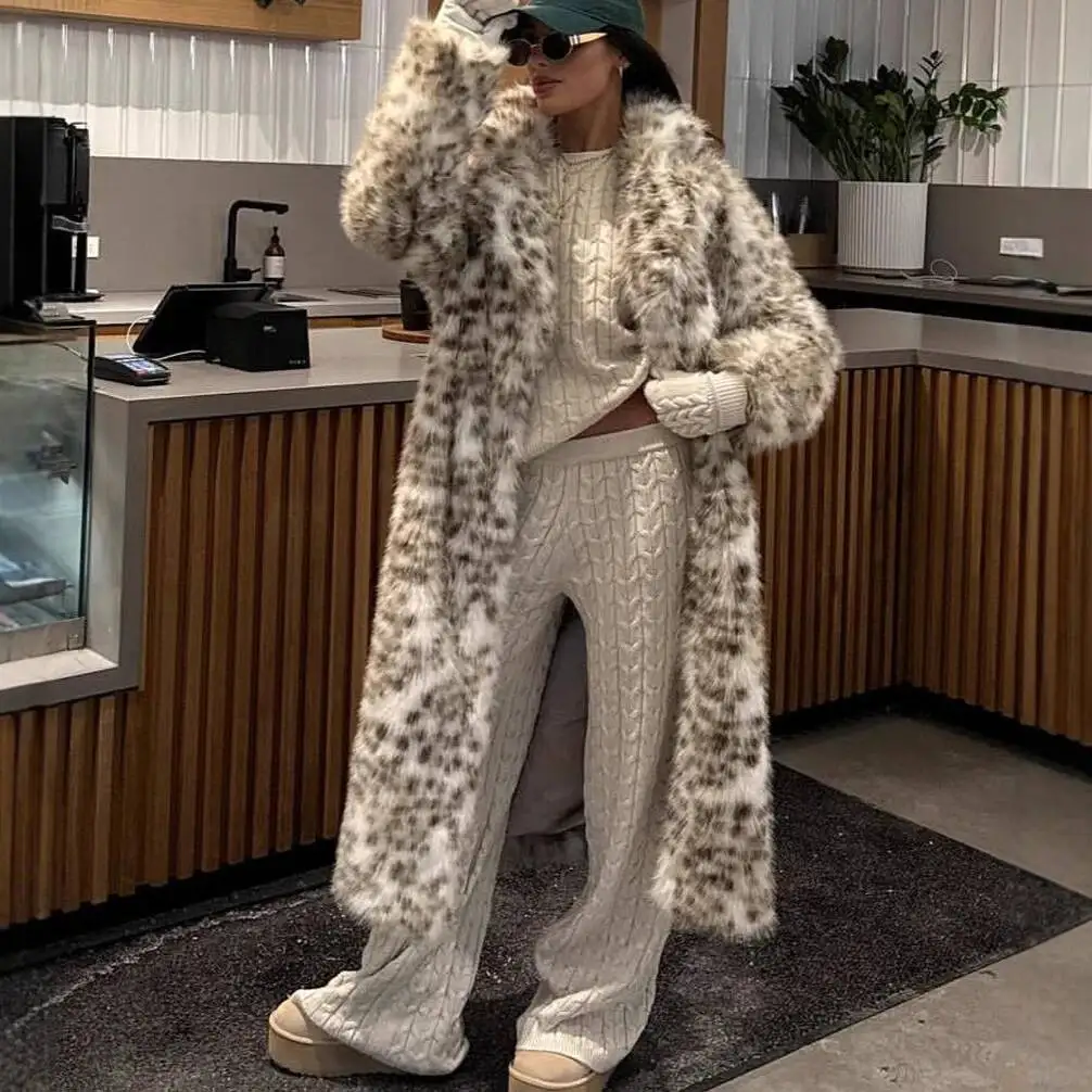 Leopard Faux Fur Coat Women Long Overcoat Turn Down Collar Full Sleeve Open Stitch Thick Loose Elegant Jacket Autumn Winter 2025