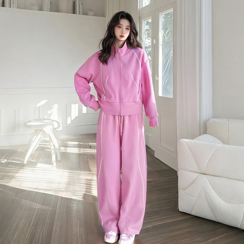 Pink Casual Sportswear Set Women's Loose Sweatshirt Jacket Wide Leg Sweatpants Early Spring Complete Matching Set
