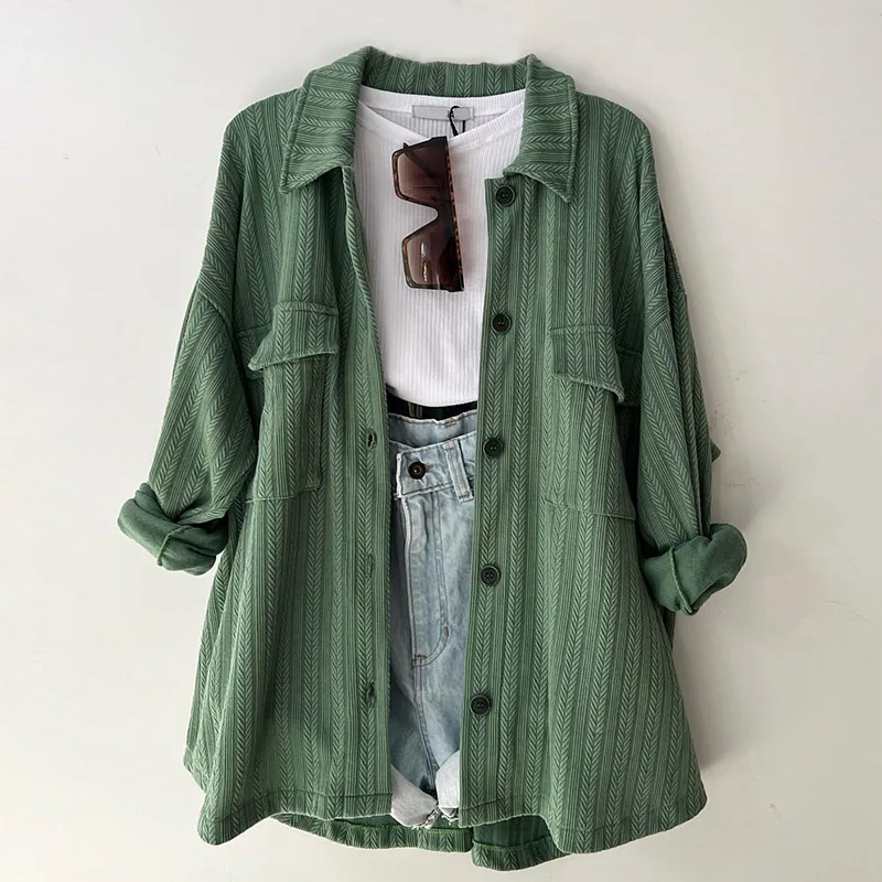 European and american women's clothing2024Summer New Loose plus Size Patch Pocket Lapel Long Sleeve Shirt Women's Top