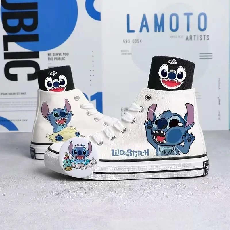 Sepatu kanvas hitam niche desain atasan tinggi pelajar pola Stitch lucu kartun musim gugur 2024 untuk pasangan pria dan wanita