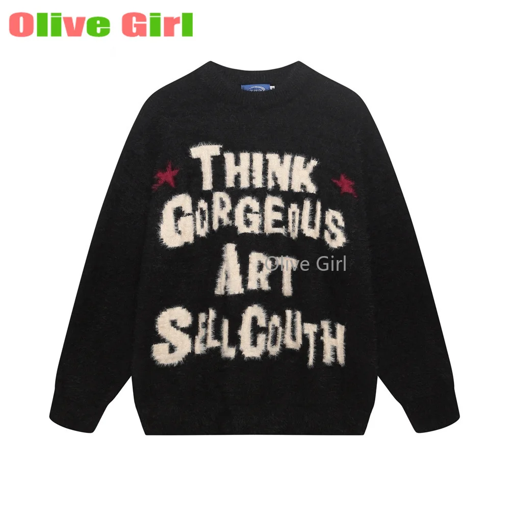 

Pulleys Sweater Knit Top American Retro College Letter Jacquard Round Neck Sweater for Men Women Autumn Loose Casual Couple