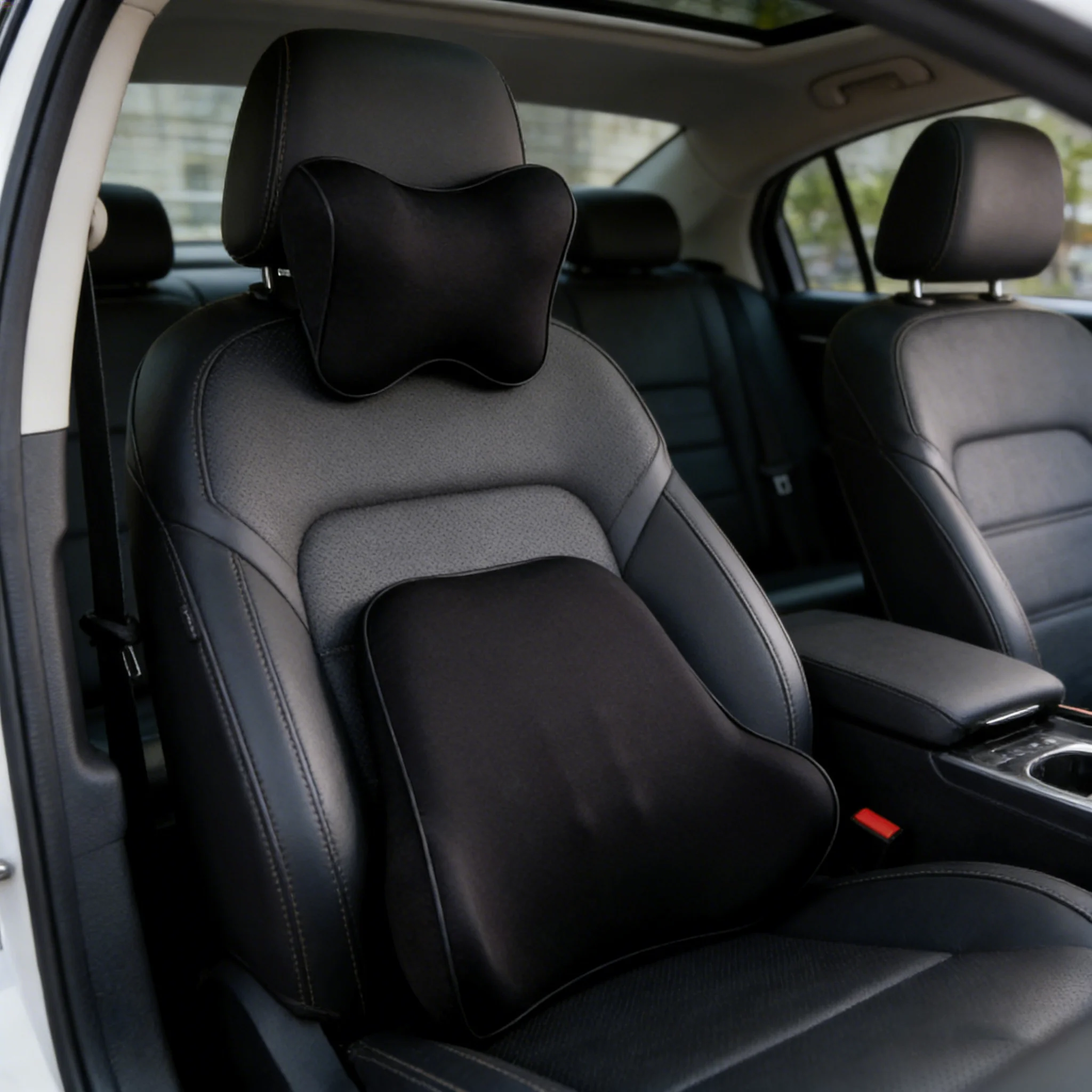 

A Set of Car Headrest & Lumbar Support Pillow Set, Memory Foam, Breathable Fabric, Body Contouring, Eases Lower Back Fatigue