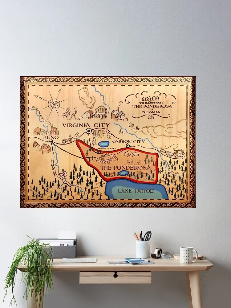 Bonanza The Ponderosa Ranch Map, impressão artística, pôster de seda, decoração de parede para casa