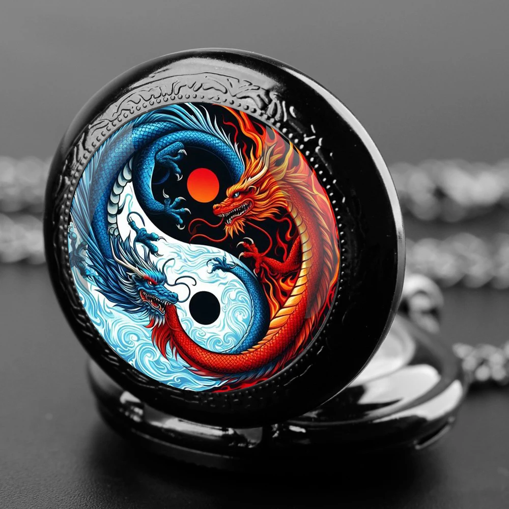 Yin-Yang Dragon Glass Dome Quartz Pocket Watch With Durable Chain Arabic Numeral Dial Creative Gifts for Men Women Kids