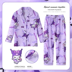 Kawaii Sanrio Pajamas Pants Hello Kitty Kuromi Long Sleeve Roll Clothes Cute Girls Thin Kits Cinnamoroll Pochacco Nightgown Gift