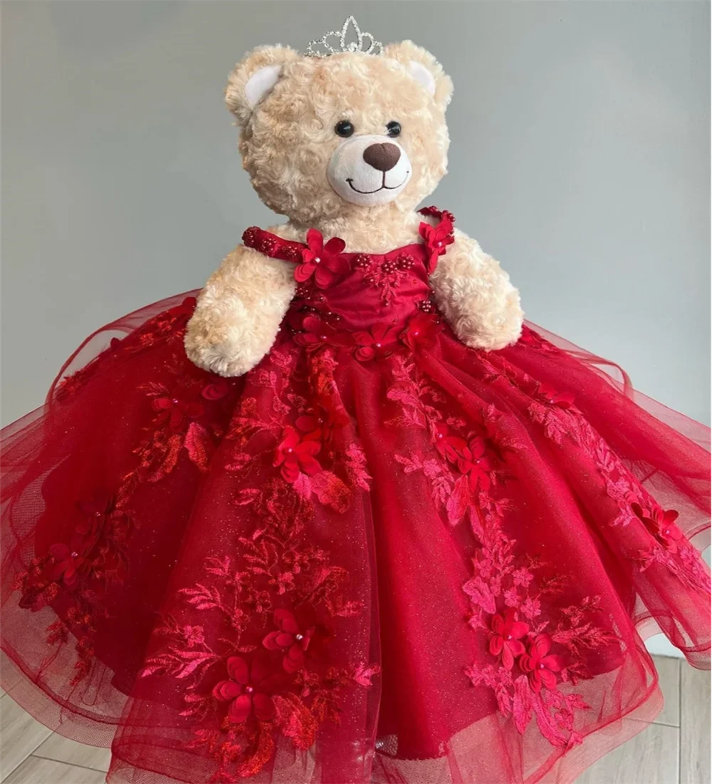 Vestido de urso de pelúcia vermelho com apliques de renda personalizado querida flores apliques cristais contas fora do ombro