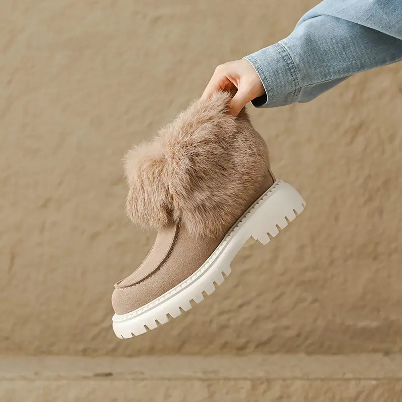 TOTOMELA Size 34-40 Snow Boots Women Rabbit Fur Platform Winter Boots Thick Fur Warm Ladies Ankle Boots Retro Ladies Shoes