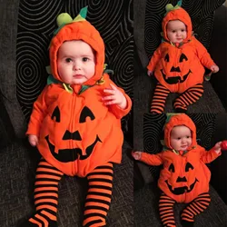 Halloween baby cute pumpkin shaped jumpsuit hooded Easy to wear Long-Sleeved Cushaw Zipper One-Piece Romper Photography clothing