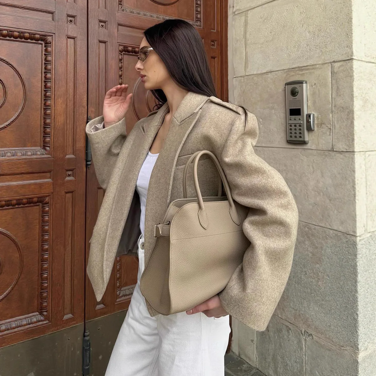 

Fall Winter 2025 New Loose Coat Women's Flat Lapel Suit Jacket Epaulettes Woolen Coat