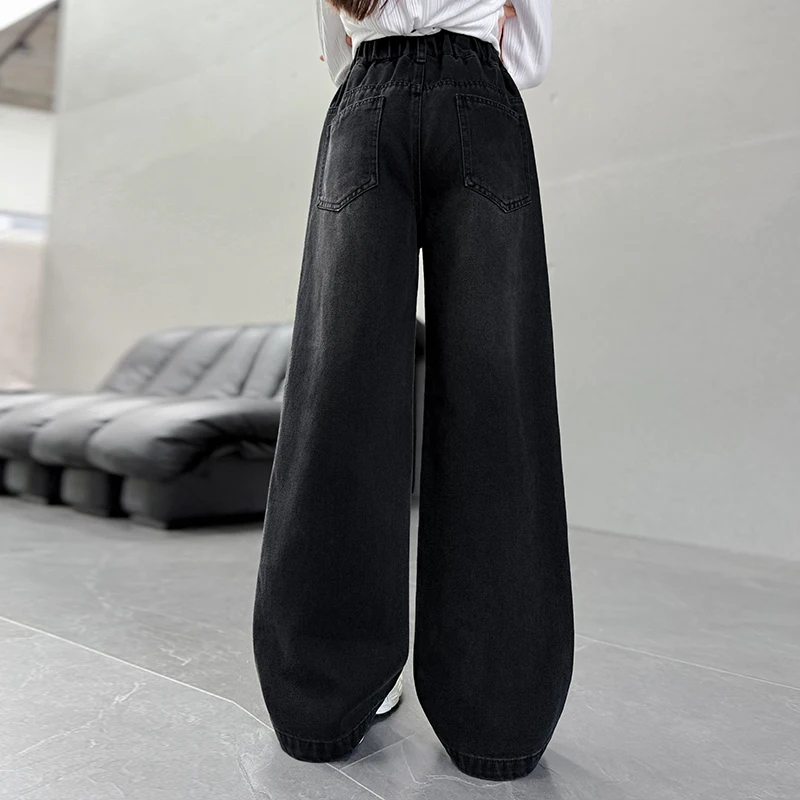 جينز أنيق فاخر للأطفال بأرجل مستقيمة مع نجوم للفتيات سراويل جينز عالية الشارع للأطفال سراويل جينز سوداء وزرقاء #4