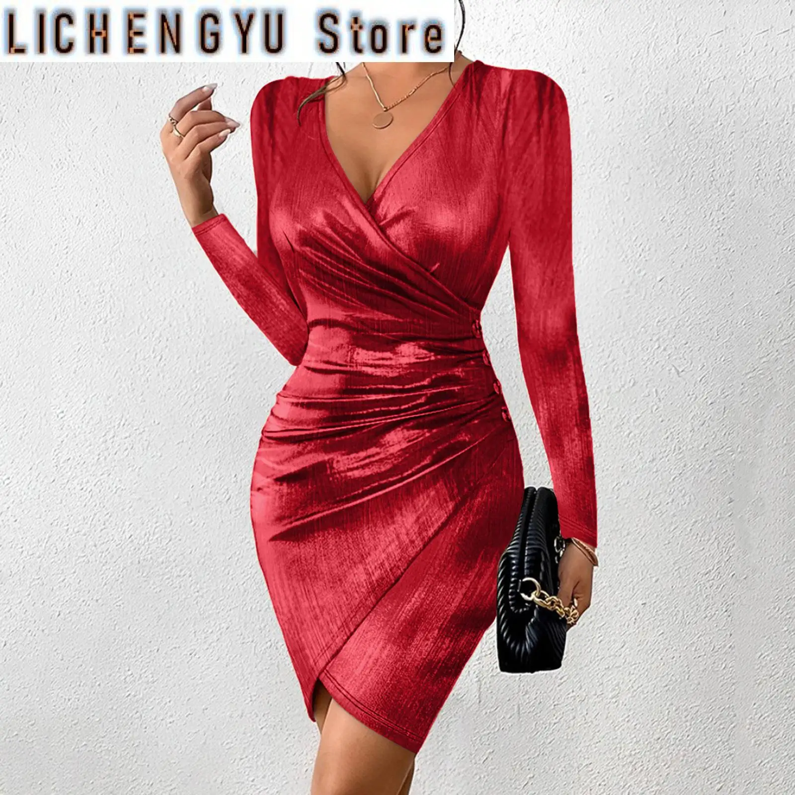 

Metallic Color Ruched Hip Wrap Dresses For Women Deep V Neck Long Sleeve Slim Dress Reflective Binding Bandage Dresses