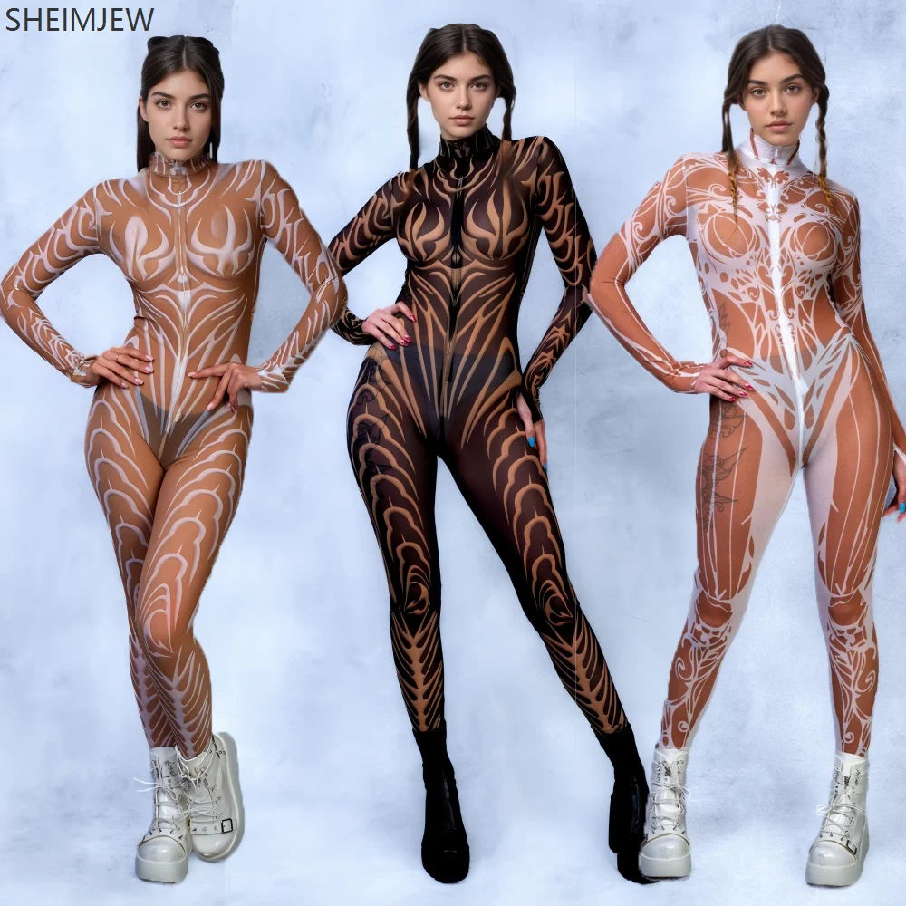 

Halloween Women's Sexy Skin Color Psychedelic Mesh Bodysuit Holiday Party Line Tights Carnival Jumpsuit Transformation Costume