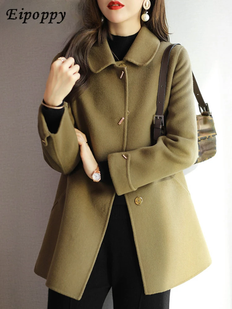 Woolen Coat Slim Fashion Office Lady Square Collar Single Breasted Winter Coats for Women 2023 Wide-waisted Pocket Black Coat