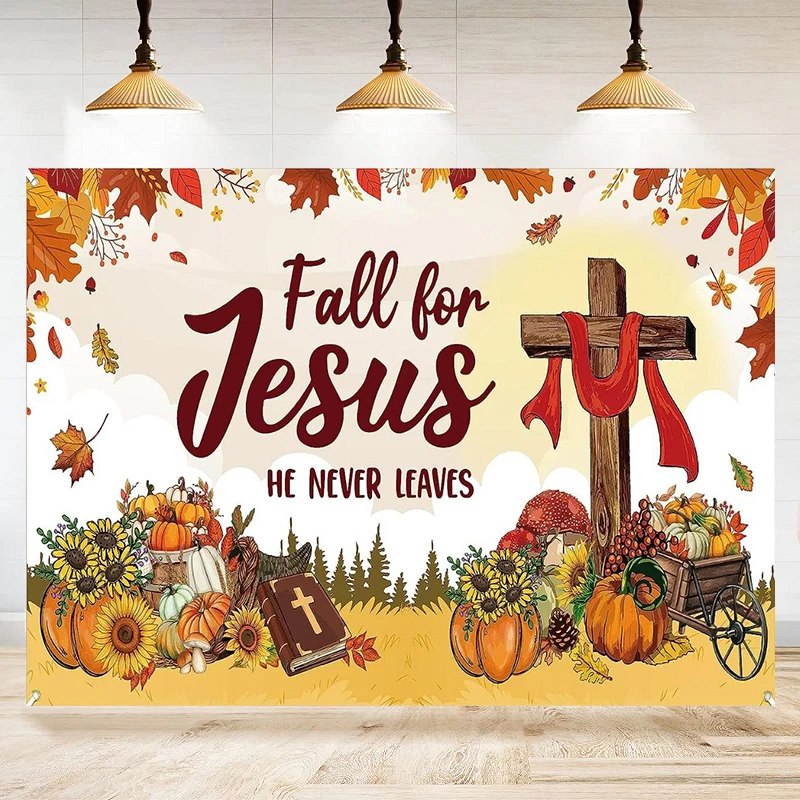 Jesus Photography Backdrop Pumpkin Sunflower Autumn Fall He Never Leaves Background Decor Banner