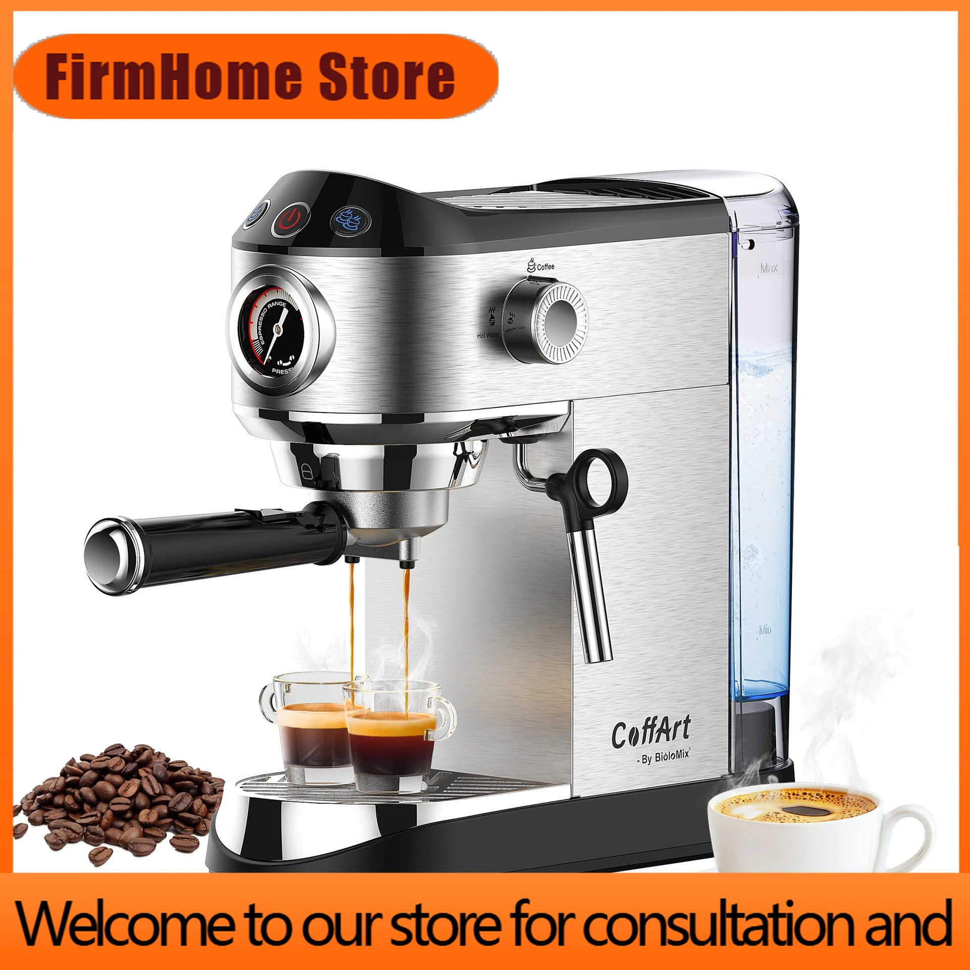 FirmHome Store20Bar Espresso Coffee Machine With Pressure Gauge Pump Steam For Home Office Cross Border