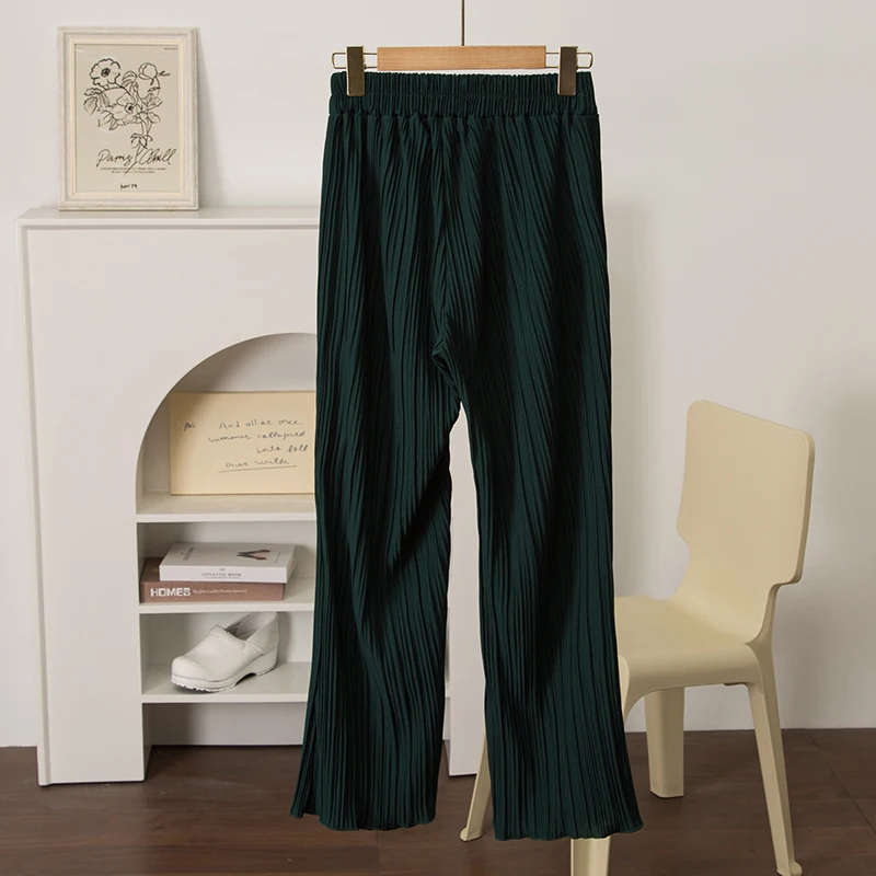 High Waist Pleated Chiffon  Color Straight Leg Loose Fit Long Pants Casual Trousers for Women Ele Draped Sle