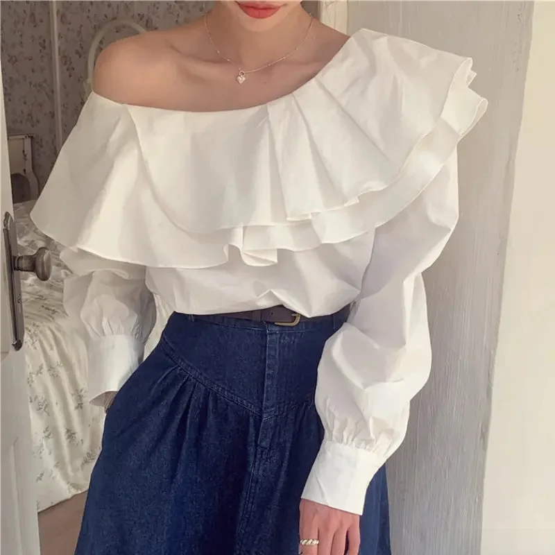

New Hot Woman Chic Korea Japan Girls Sexy Shirts Blouses Retro White Black Layer Ruffles Off Shoulder Tops