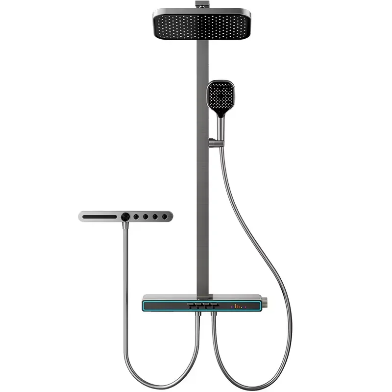 Modern Luxury Brass Smart Shower System LED Rainfall Thermostatic Faucet Digital Music Slide Bar Adjustable Hotel Bathroom