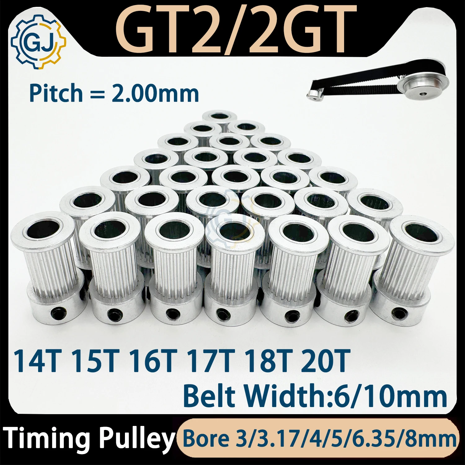 2GT Pulley 14T 15T 16T 17T 18T 20Teeth GT2 Timing Pulley Bore 3 3.17 4 5 6 6.35 8mm Belt Pulley Width 6 10mm Synchronous Wheels