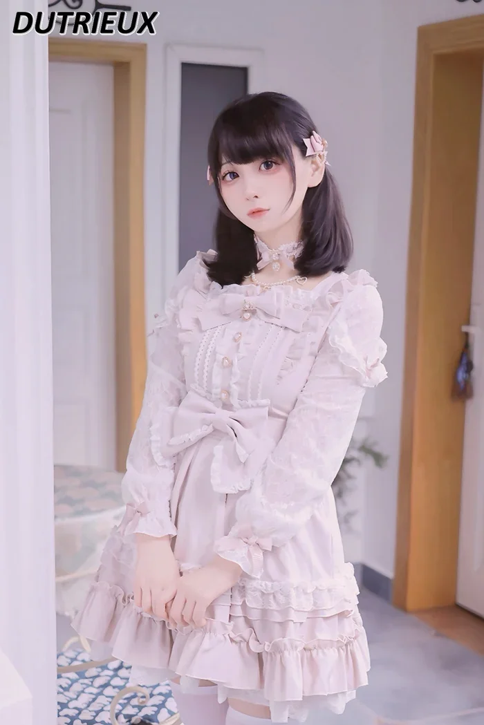 Japanese Style Spring Autumn Women\'s Long Sleeve Dresses 2024 New Girl Sweet and Cute Bow Elegant Casual Lolita Dress for Lady