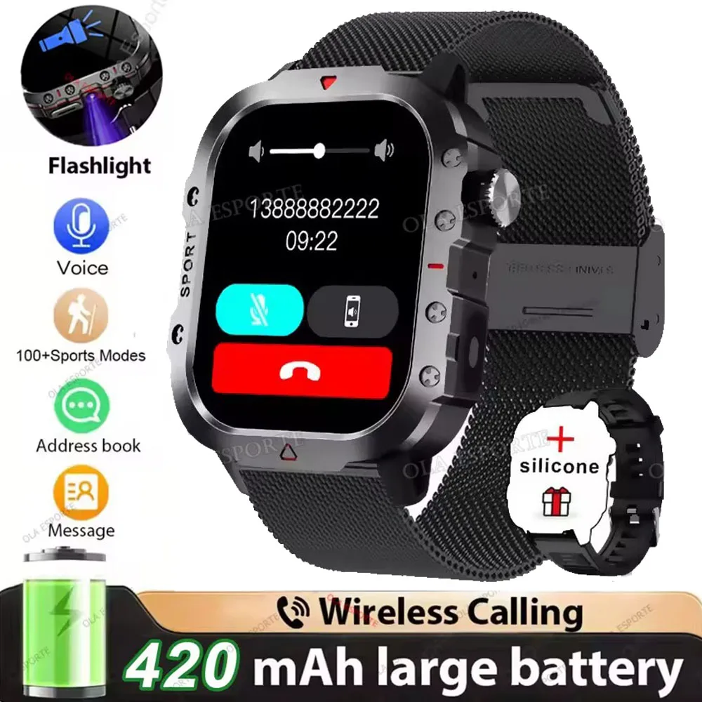 2026 Nieuwe Militaire kwaliteit Smart Horloge Mannen GPS Zaklamp 3ATM Waterdicht Horloge Bluetooth Oproep 100 + Sport Outdoor Smartwatch Pk MA27