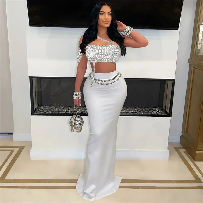 

Celebrity Elegant Party Maxi Dress Sets Women Two Piece Set Y2K Clubwear Birthday Sparkly Rhinestones Crop Top and Long Skirts