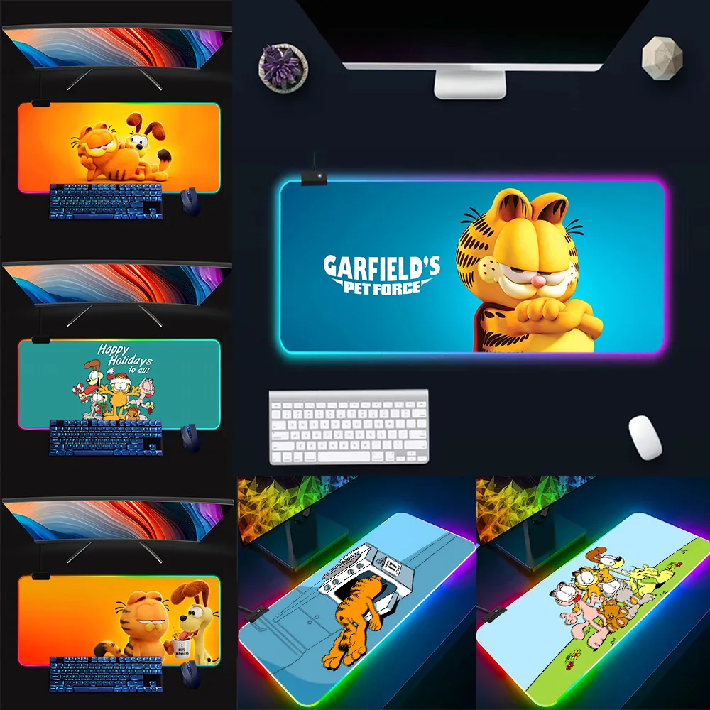 Cute funny cartoon Garfields RGB Pc Gamer Keyboard Mouse Pad Mousepad LED Glowing Mouse Mats Rubber Gaming Computer Mausepad