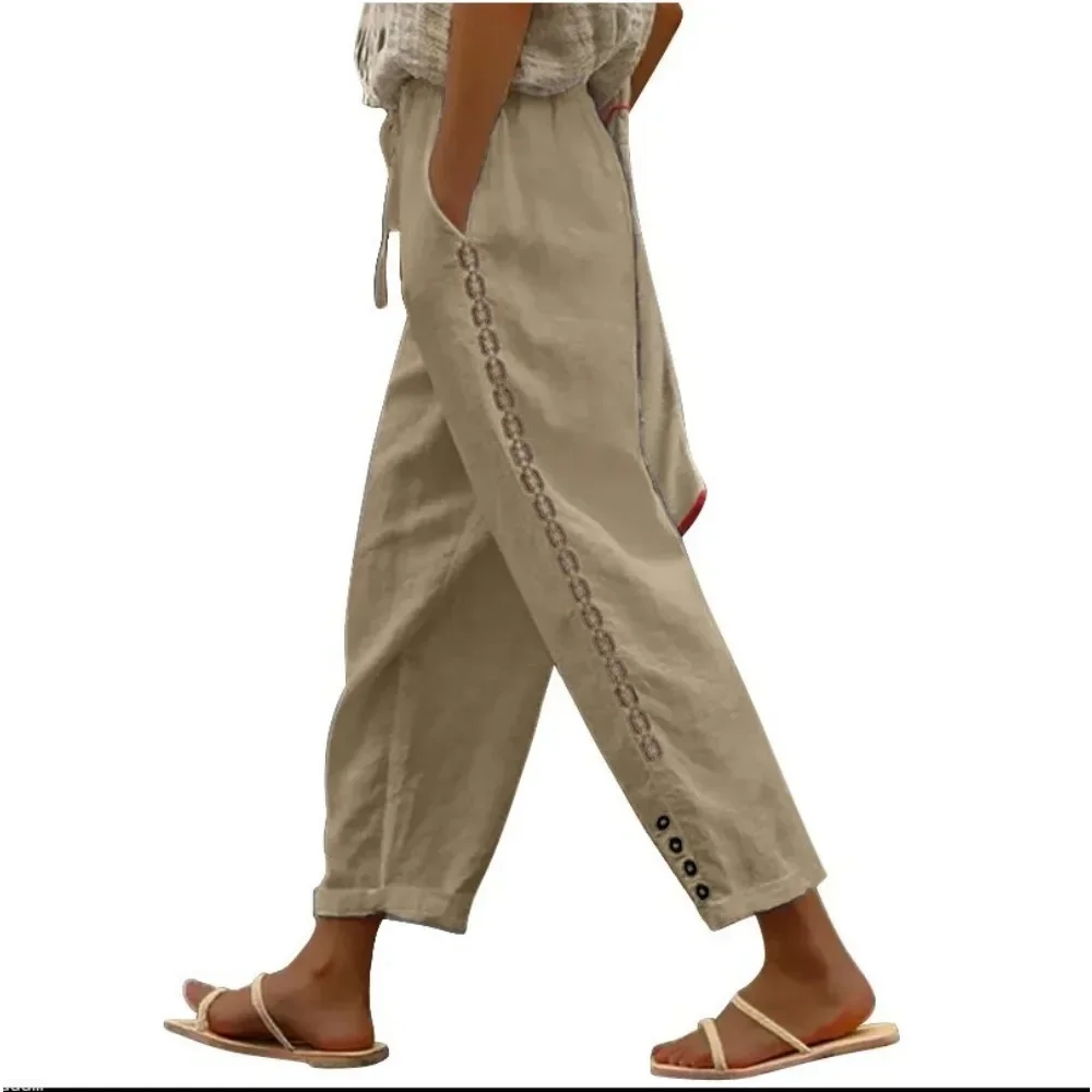 Women Cotton Linen Pants Straight Leg Ankle Length Patchwork Solid Color High Waist Loose Fit Breathable Soft Flattering Daily