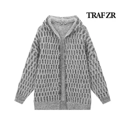 TRAF ZR Knit Cardigan with Hooded Long Sleeve Sweaters Harajuku Vintage Cozy Sweaters New in Sweater Autumn Y2k Cardigan