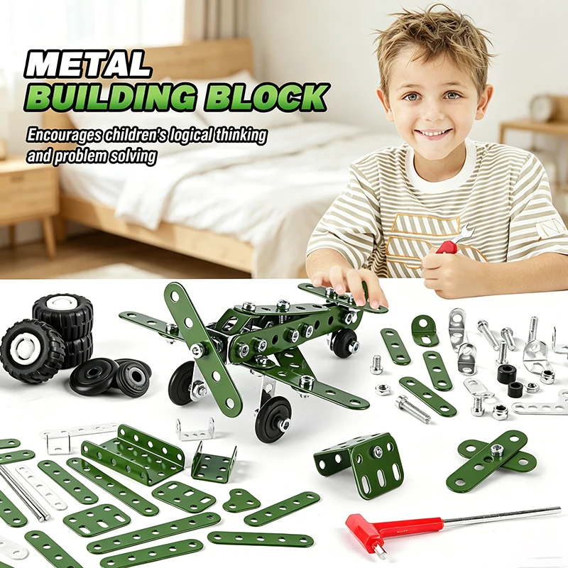166 Pieces Metal Assembly Aircraft Blocks with Screws and Nuts DIY Building Block Screwing Model Toys Children Boys Gift