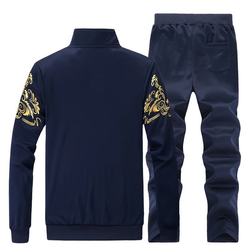 2026 New Men 2 Pieces Sport Tracksuit Golden Floral Print Stand Collar Zip‑Up Jacket Elastic Waist Pants Casual Jogging Suit Out
