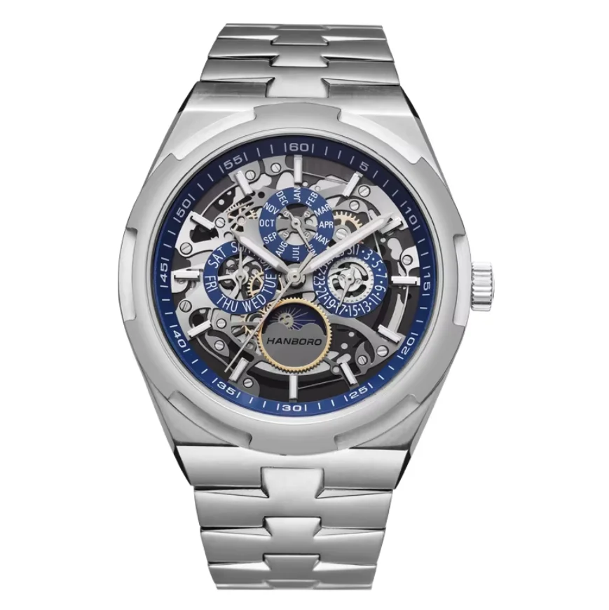 HANBORO Men Automatic Watch 42mm Mechanical Wristwatch 50M Waterproof Luminous Skeleton Multi-Dial Month Week Date Sun-Moon