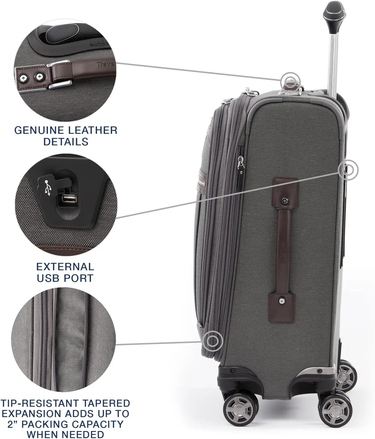 Platinum Elite Softside Expandable Carry on Luggage, 8 Wheel Spinner Suitcase, USB Port, Suiter, Men and Women, Vintag