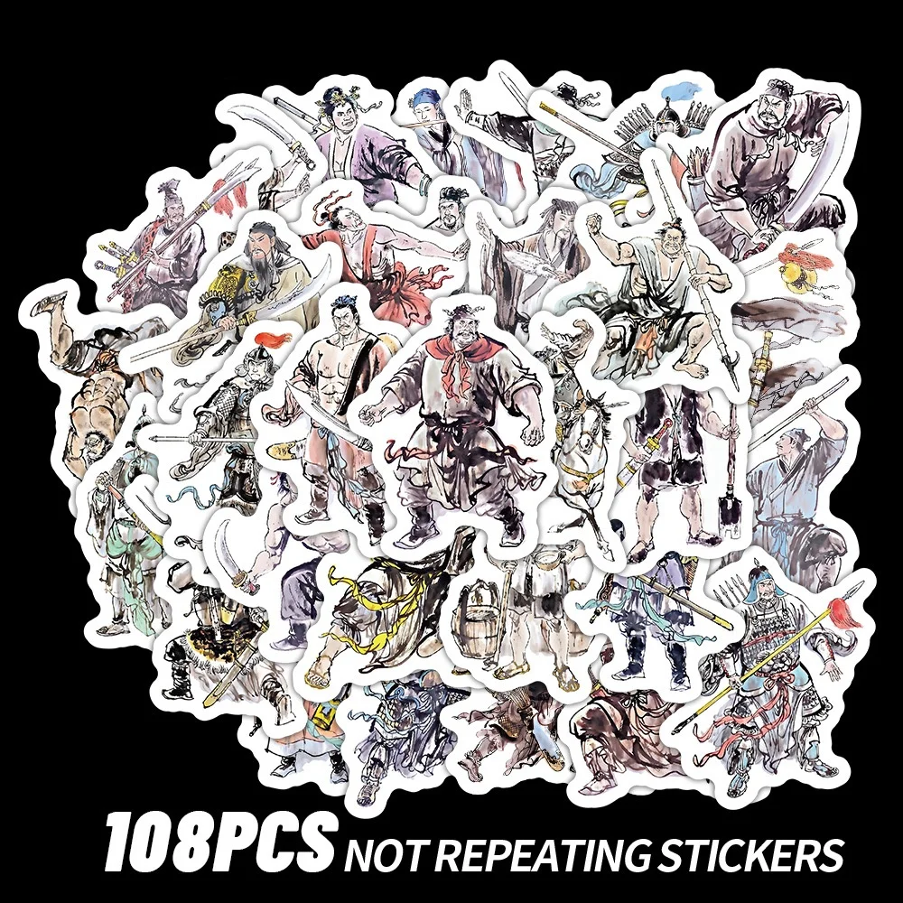 108 Pcs Water Margin Ink Wash Figure Stickers, Chinese Classic Novel Characters, DIY Decor Stickers for Journals, Laptops