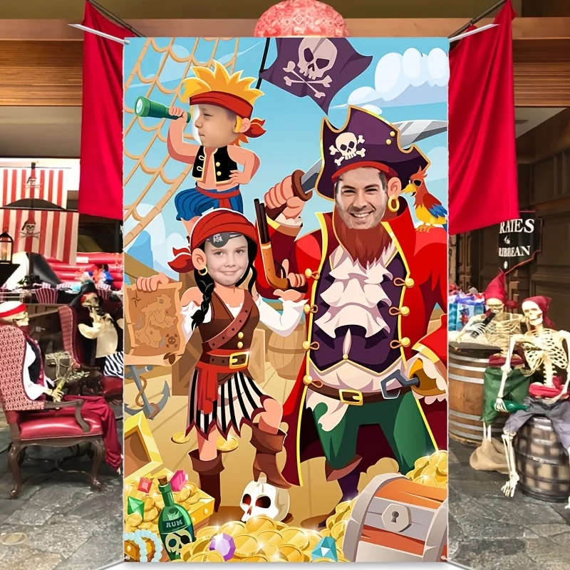 Interaktiver Party-Foto-Requisiten-Hintergrund mit Piratenmotiv – ein riesiger Hintergrund aus Stoff mit Piratengesicht und ein Geburtstagsbanner an der Tür