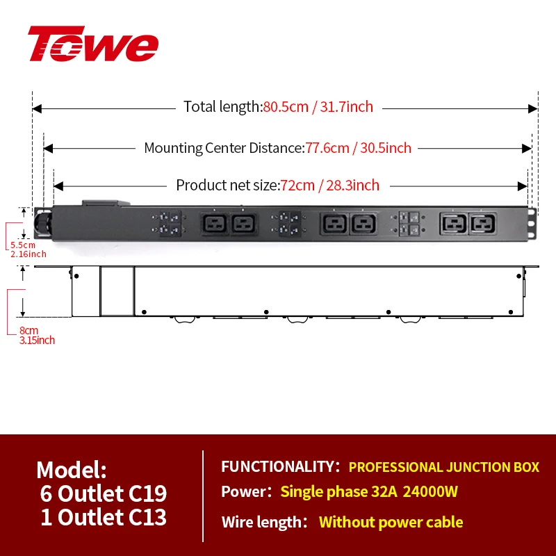 6 presa IEC C19 1 IEC C13 power strips per montaggio su rack 32A 24000W Crypto Mining PDU C19 unità di distribuzione dell'alimentazione dell'interruttore trifase