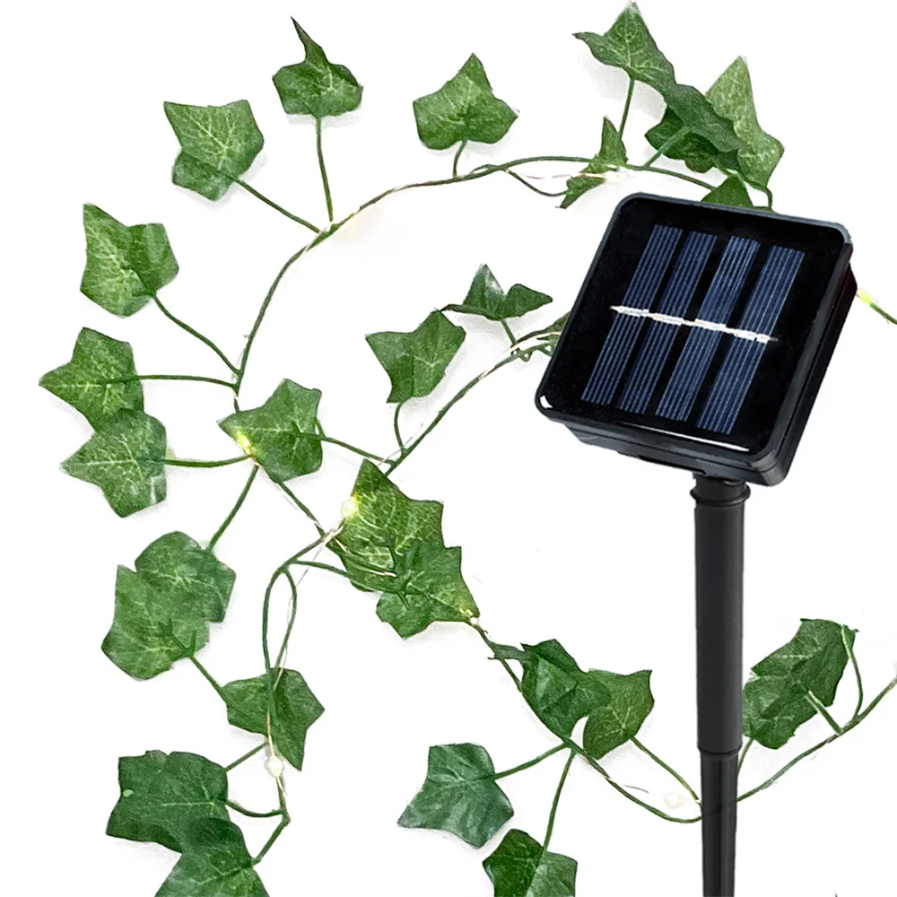 8 Modes Articifical Ivy Leaf Solar Powered Garland Copper String Light for Fence Garden Street Wedding