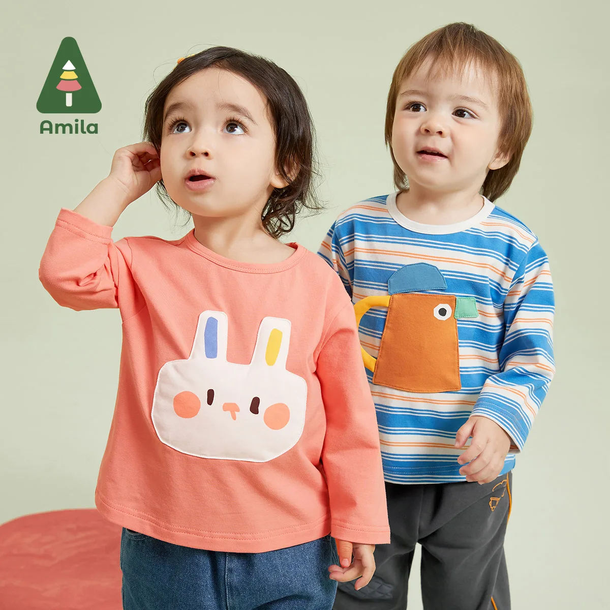 Amila T-shirt for a Boy And Girl 2023 Autumn New Round Neck Small Drop Shoulder   Baby Clothes Warm And Breathable Baby\'s Tops