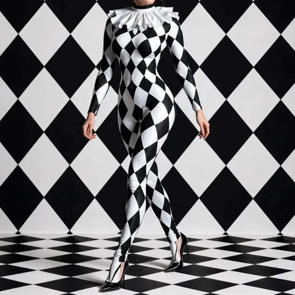 IOOTIANY Diamantgitter-Clown-Zentai-Jumpsuit, Spatenmuster-Gestreifter Zirkus-Bodysuit, Unregelmäßiges Bühnenkostüm für Halloween-Party-Aufführungen – Detail 2