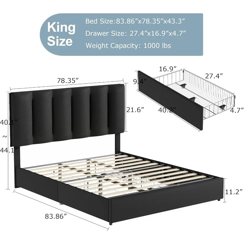 VECELO King Size Bed Frame with 4 Storage Drawers, Adjustable Height Headboard, Heavy-Duty Platform Bedframe