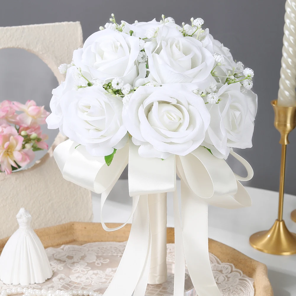 

Букет из гипсофилы и белых роз, искусственный свадебный букет из фланелевых роз, элегантная атласная лента, для свадьбы, подарок на День святого Валентина ﻿