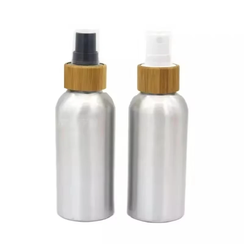 Empty Refillable Aluminum Perfume bottle, cosmetics hand  bamboo lotion pump top , shampoo lotion pump Spray Bottle wooden caps