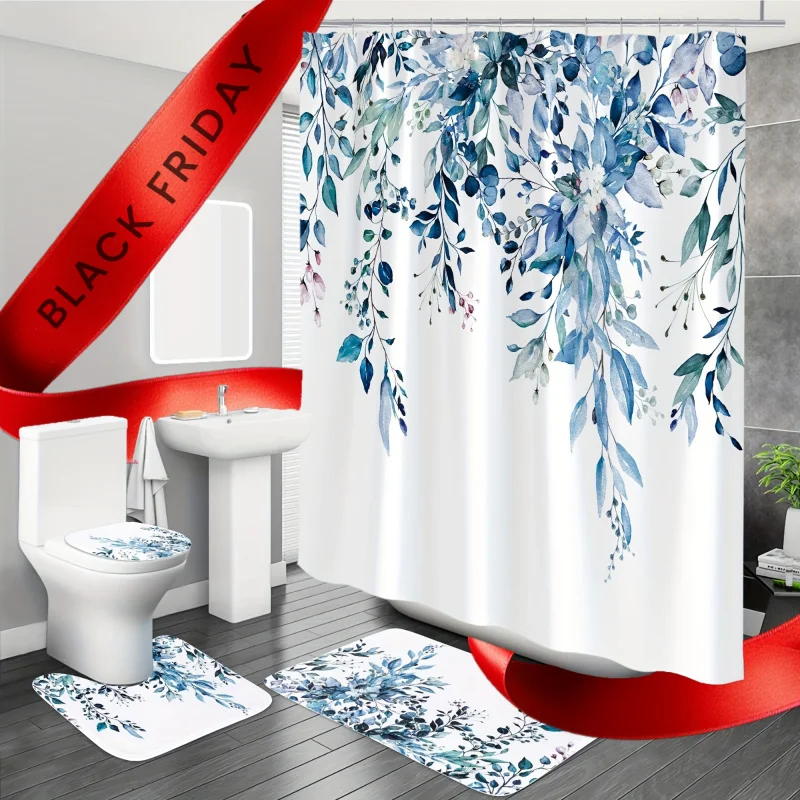 4PCs blue eucalyptus shower curtain set-durable waterproof bath decor-complete with 12 hooks, U/L-shaped mats, toilet cover