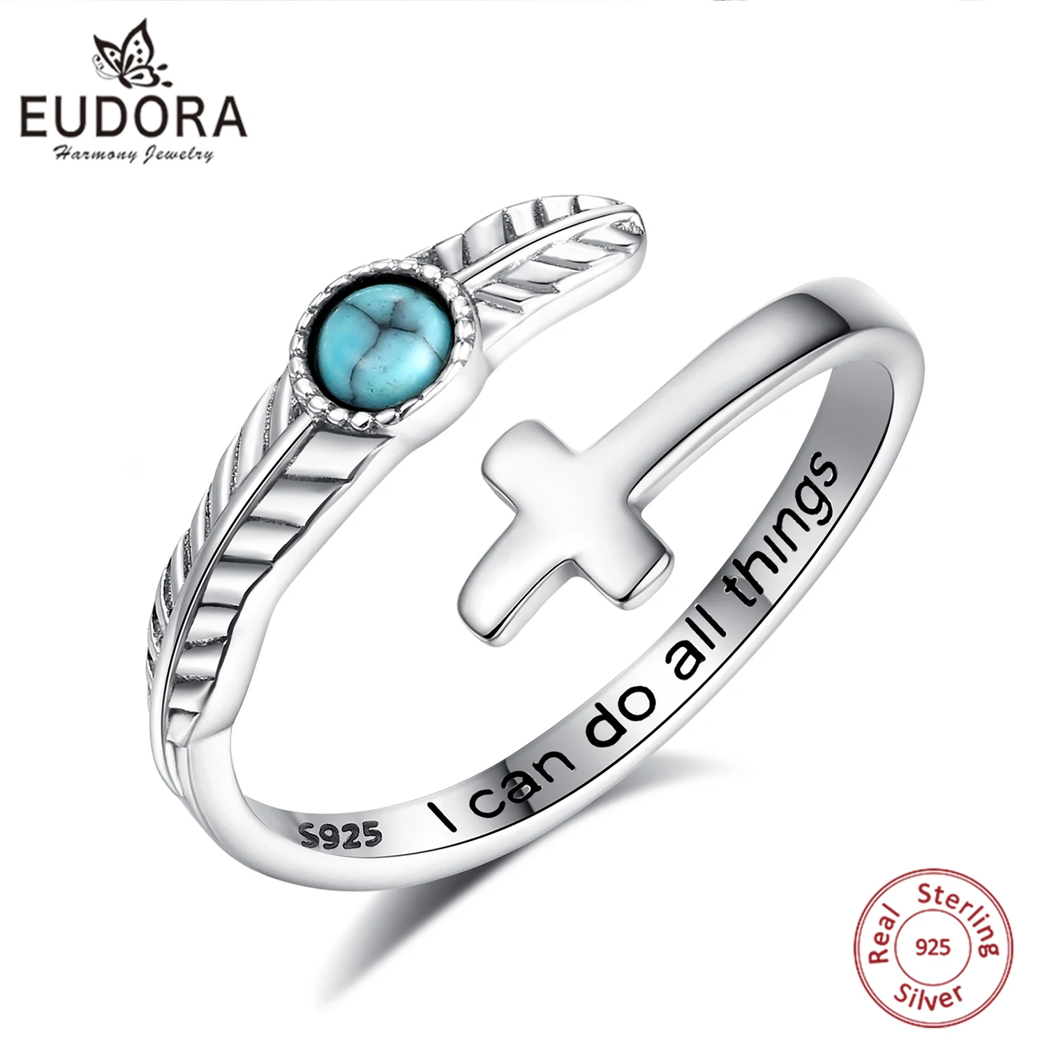 

Eudora стерлингового серебра 925 пробы, регулируемое кольцо с крестом, перо, бирюзовая ложка, кольцо с библейским стихом, ювелирные изделия, христианские подарки для женщин и мужчин