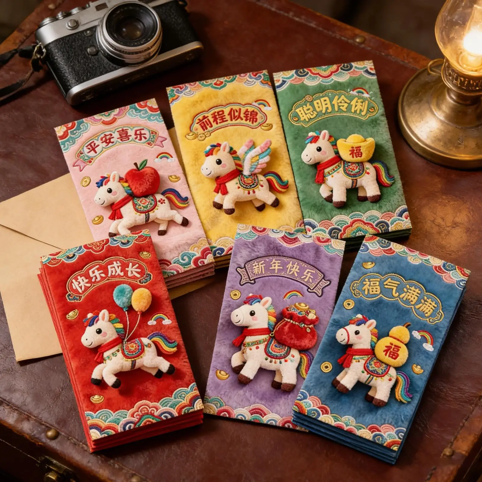 6 Teile/satz Rote Geld Umschläge 2026 Jahr des Pfers Gesticktes Rotes Paket Neujahr Kinder Glück Geld Brieftasche