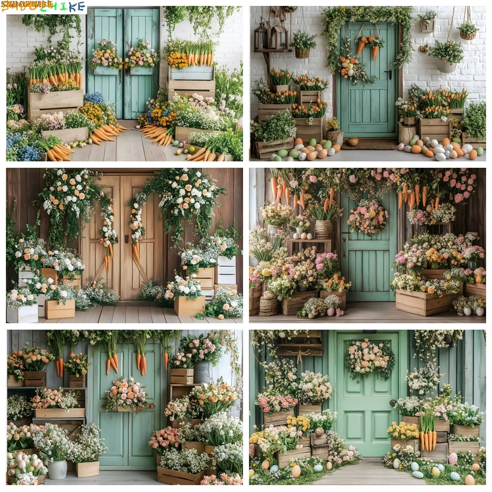 

Spring Easter Photography Backdrop Wooden Door Bunny Colorful Eggs Flowers Carrots Rabbit Kids Birthday Party Background ET-01