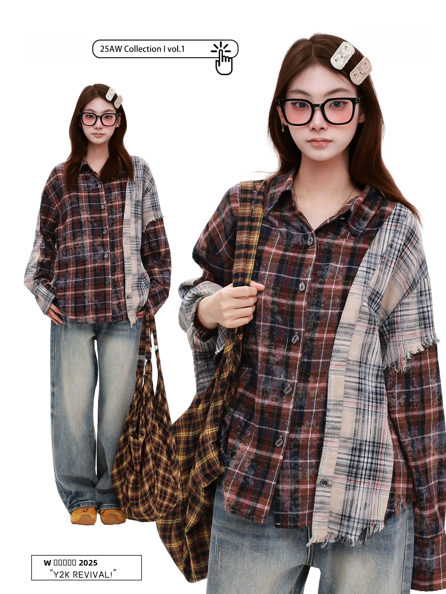 

PBB American Sle Streetwear Plaid Patchwork Long Sve irt Women Commute Autumn Winter Outerwear Fake Two-Piece Design