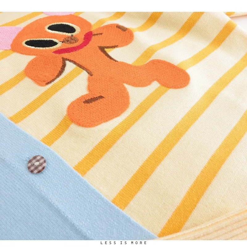 甘い漫画ジャカードカラーブロックストライプニットカーディガン女性の秋ヴィンテージ O ネックフルスリーブセーター女性ニットトップス