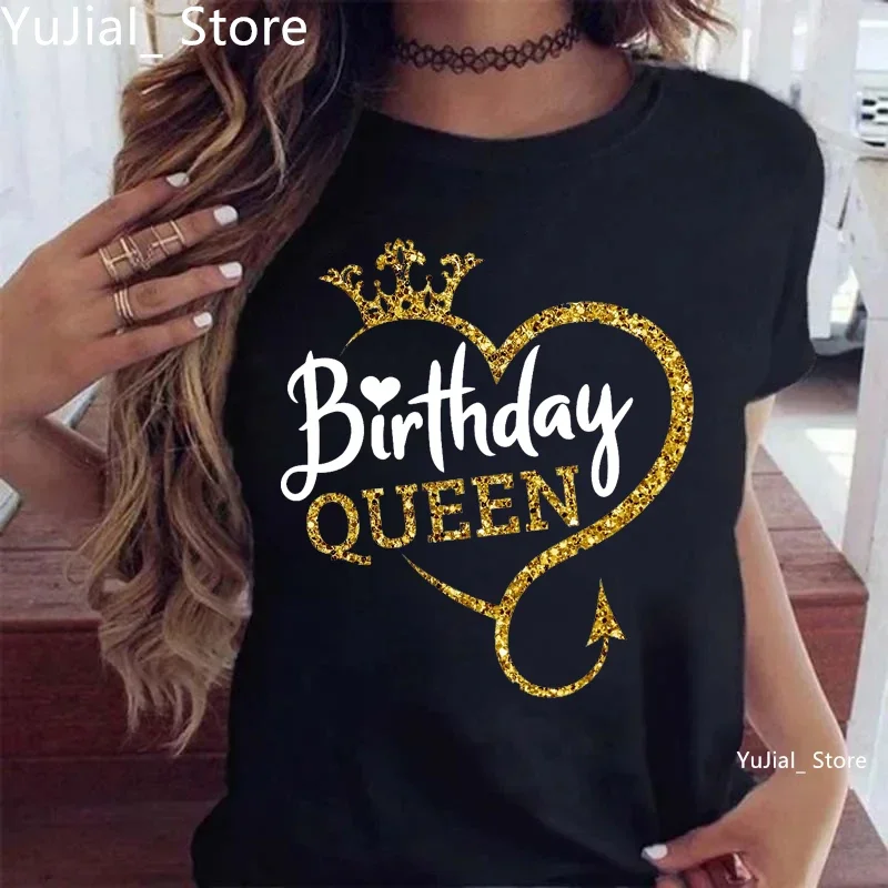 Birthday Gift For Girls Birthday Queen Graphic Print Tshirt Women'S Clothing Gray/Green/Yellow/Pink/Black/White T-Shirt Femme