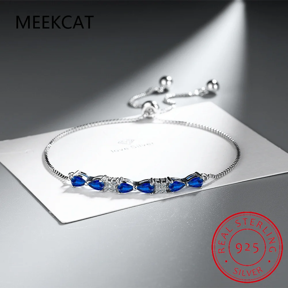 Pear Cut Created Blue Sapphire 925 Sterling Silver Water Drop Bracelet Adjustable for Women Gemstone Statement Jewelry Pulseiras